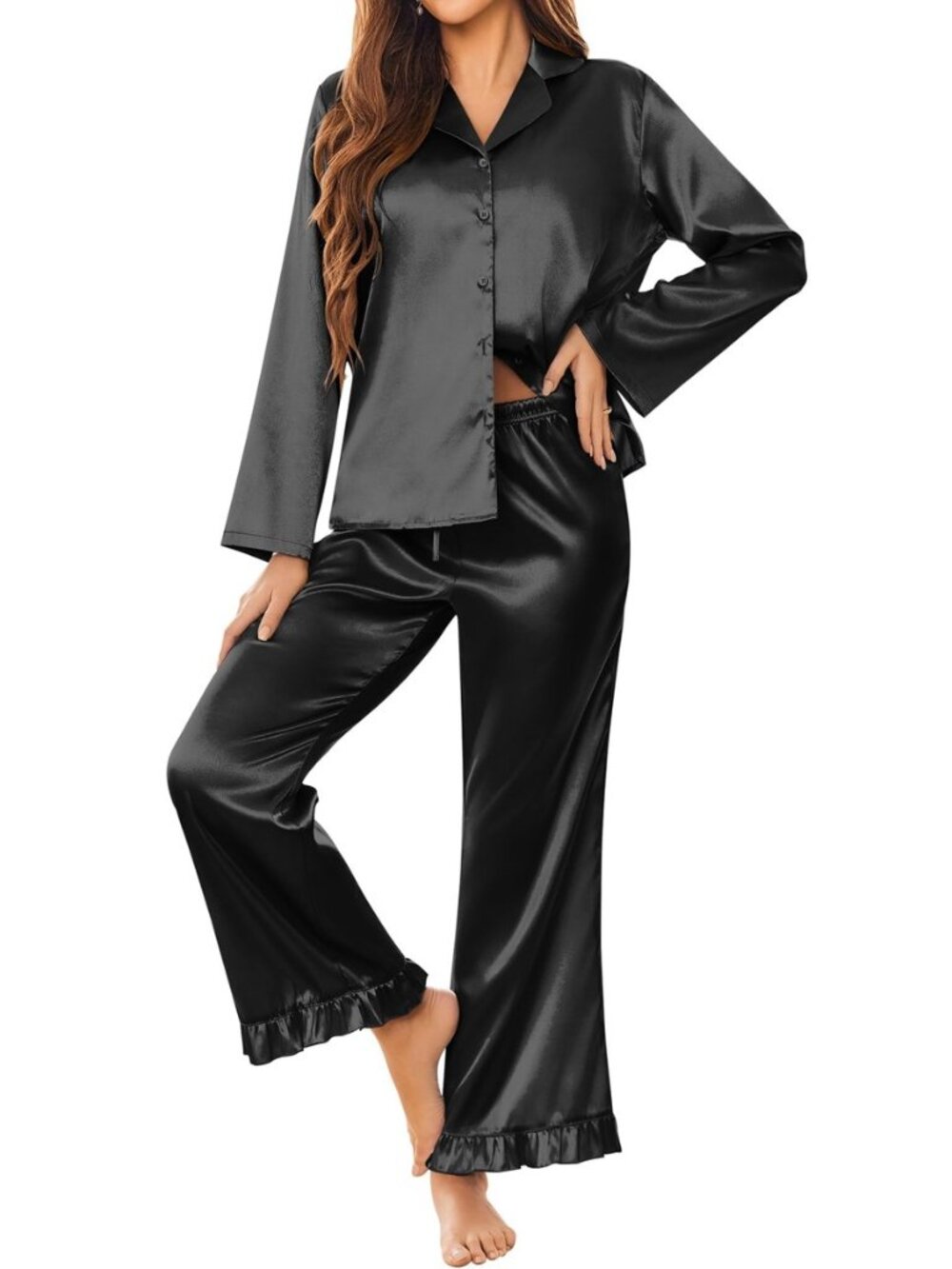 Satin Pajamas for Women Long Button Down Silk Pjs with Ruffle
